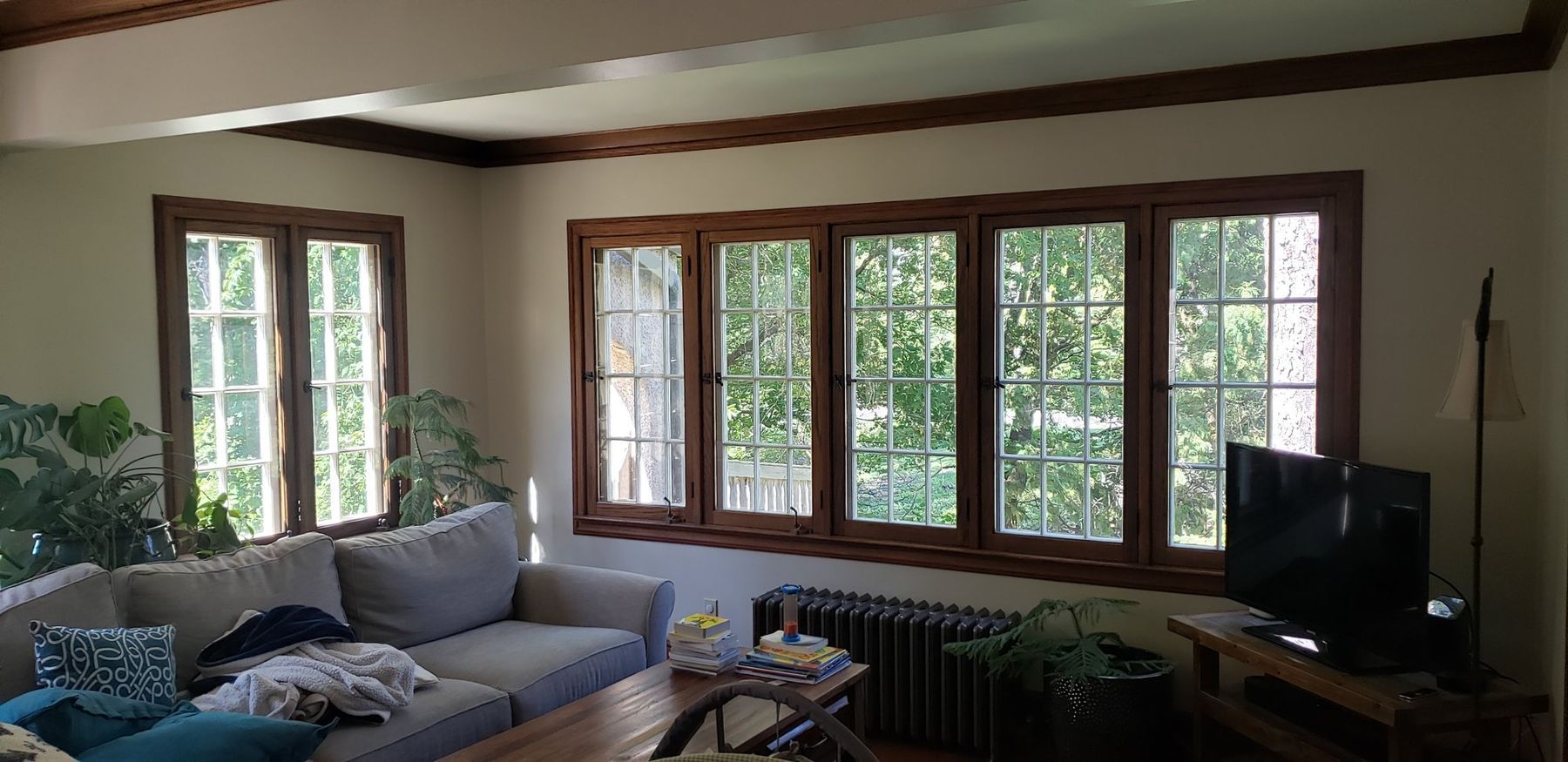 Living room with the refinished sashes reinstalled
