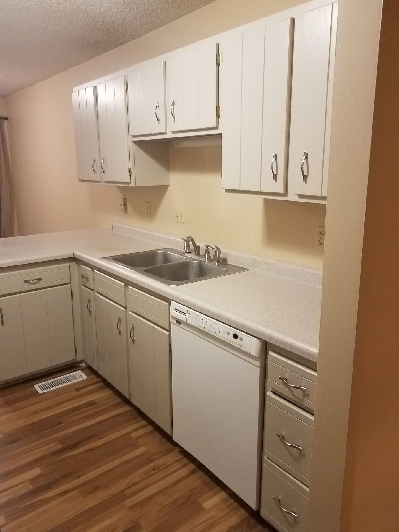 After: Sink wall: golden oak cabinets to off-white