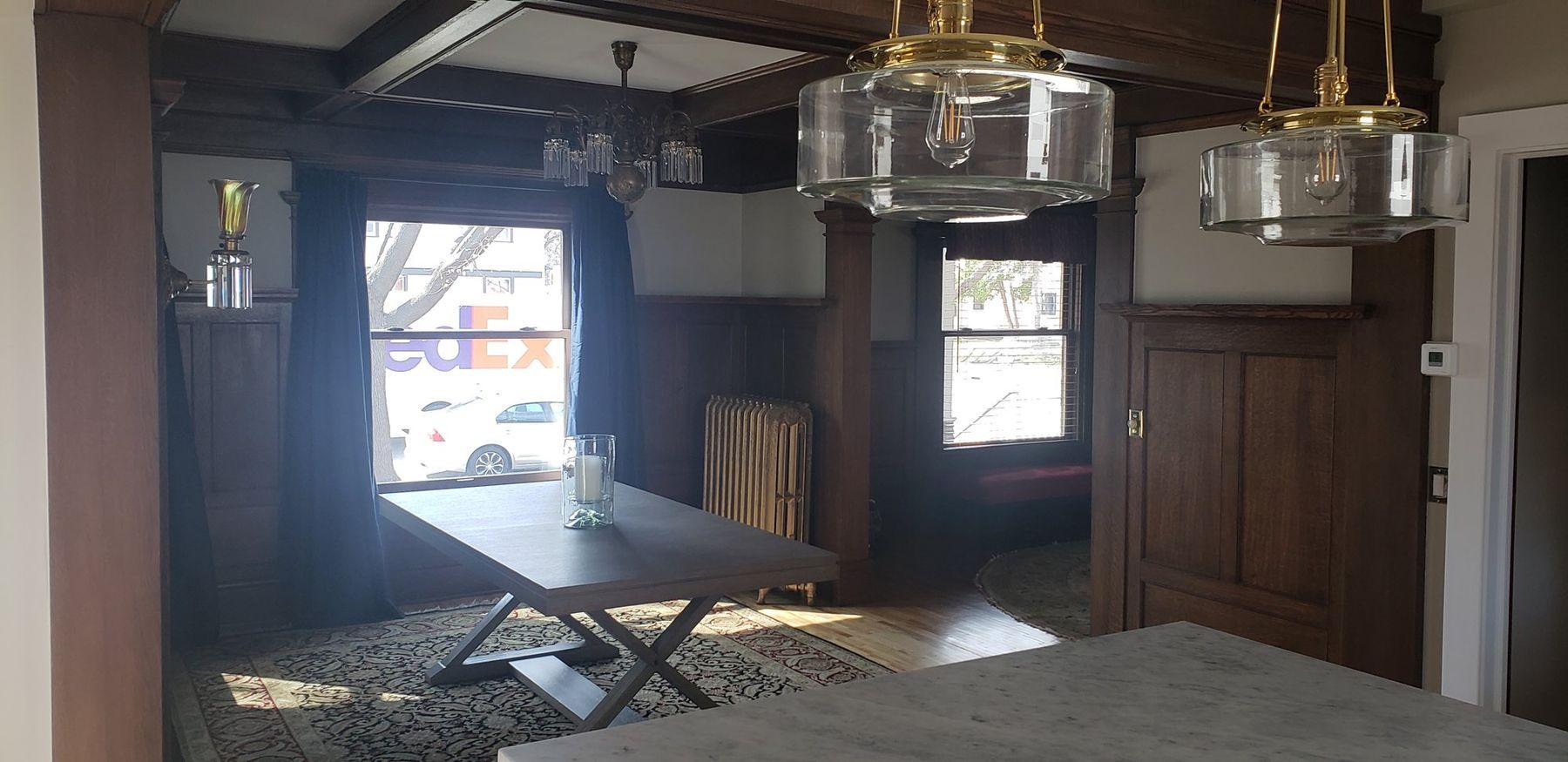 After: Dining room: remodel in progress to finished, original woodwork kept